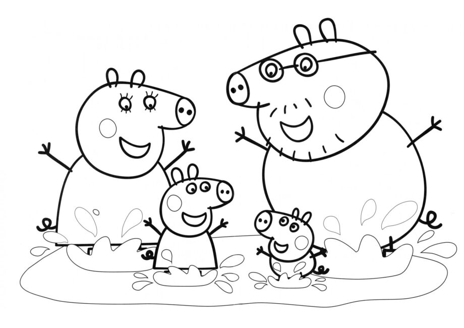 Dibujo para Colorear de la Familia de Peppa en un Charco de Barro