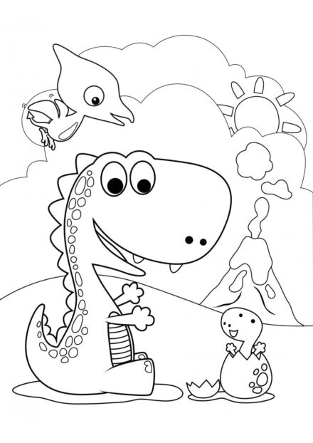 Dibujo para Colorear de Dinosaurios Bebés Junto al Volcán