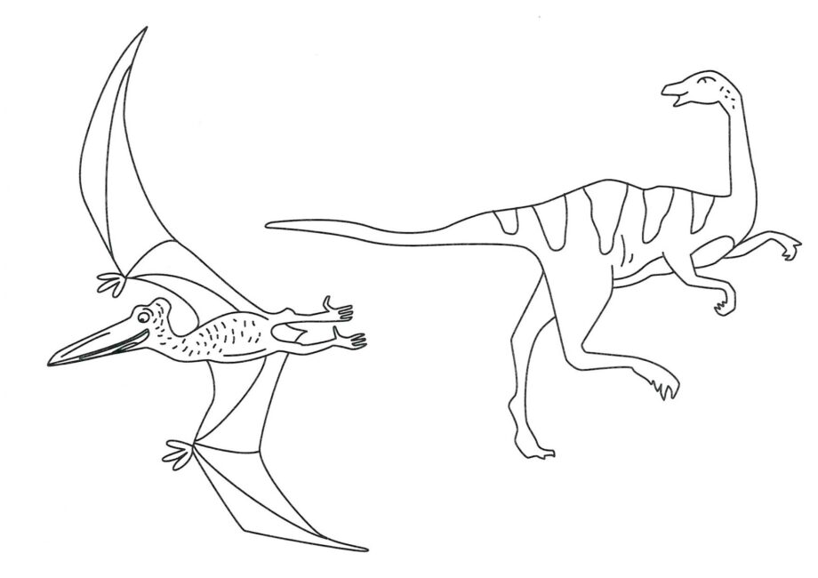 Dibujo para Colorear de Gallimimus y Pterodáctilo