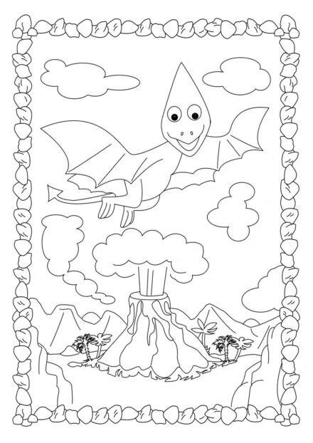 Dibujo para Colorear de Pterodáctilo Volando sobre un Volcán