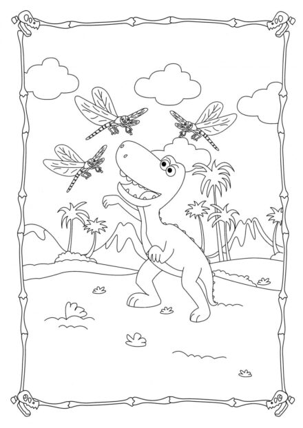 Dibujo para Colorear de Dinosaurio Jugando con Libélulas