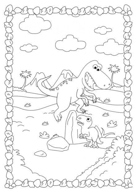 Dibujo para Colorear de Tyrannosaurus con un Polluelo