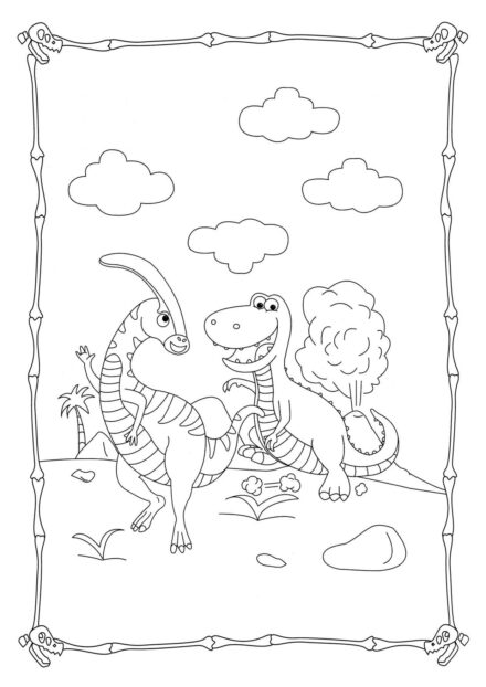 Dibujo para Colorear de Parasaurolophus Escapando del Tyrannosaurus